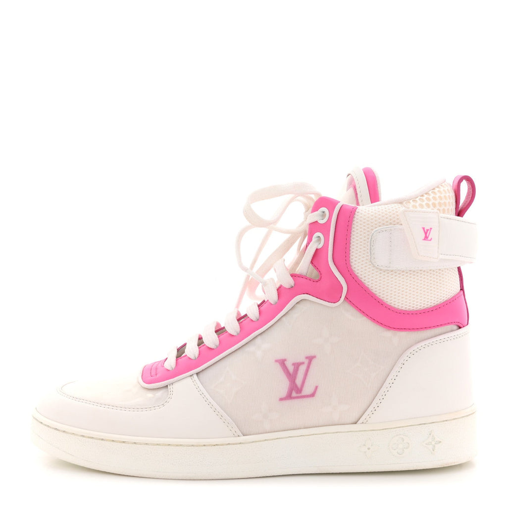 Calfskin Nylon Mesh Monogram Womens Boombox High Top Sneakers 39 White Pink