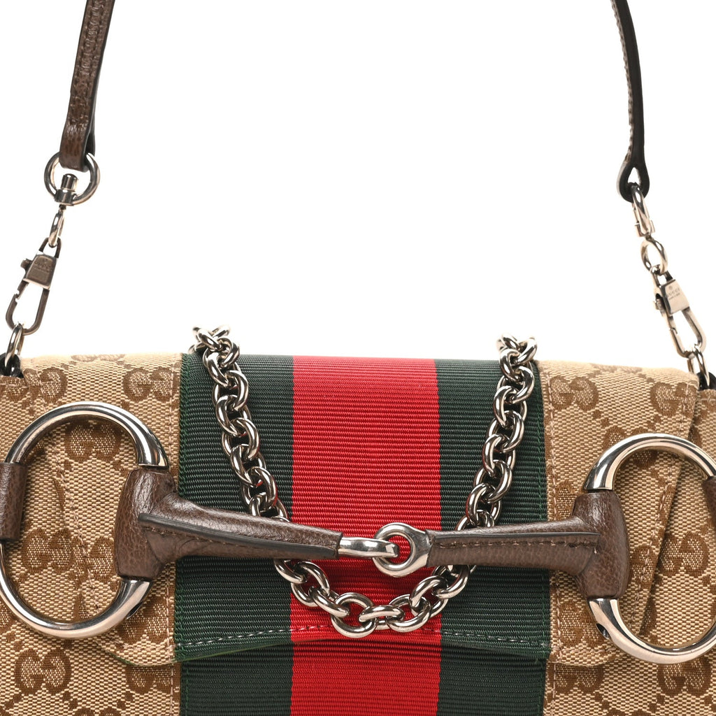 Monogram Textured Dollar Calfskin Heavy Grosgrain Web Small Maxi Horsebit Chain Shoulder Bag Beige Ebony New Acero