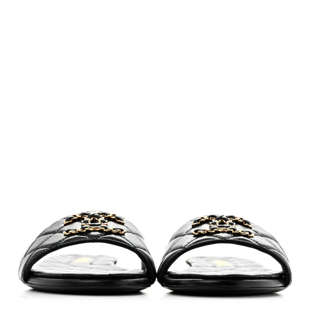 Shiny Goatskin Quilted CC Mules Sandals 39.5 Black