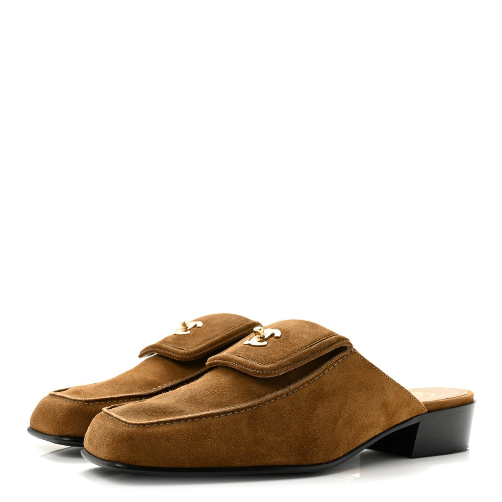 Suede Calfskin CC Turn Lock Mules 40 Dark Beige