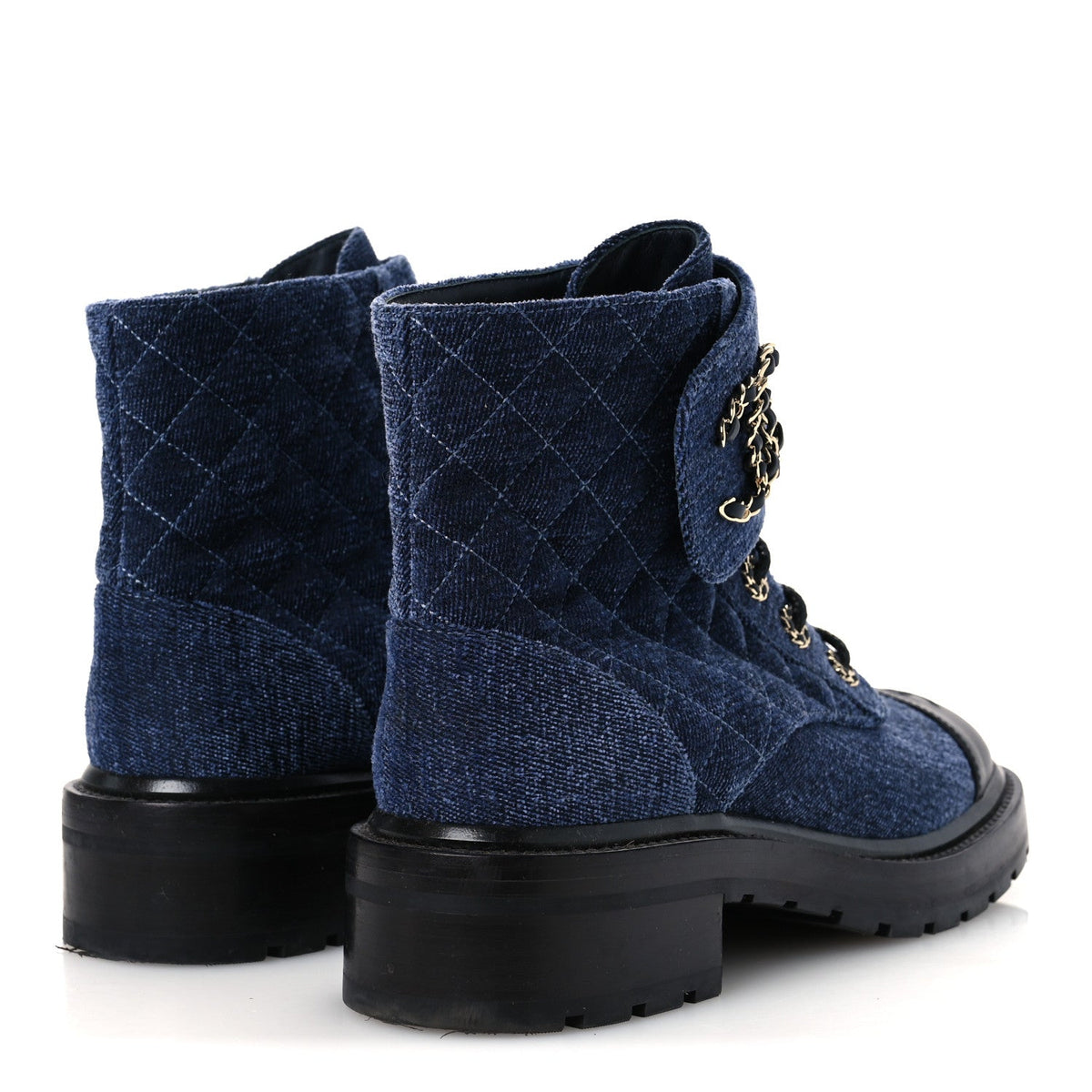 Shiny Calfskin Velvet Quilted Lace Up Combat Boots 39.5 Blue Black