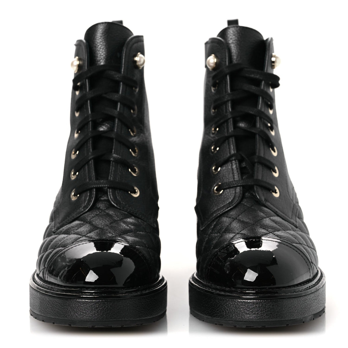 Pearly Calfskin Patent Calfskin Lace Up Combat Boots 38 Black