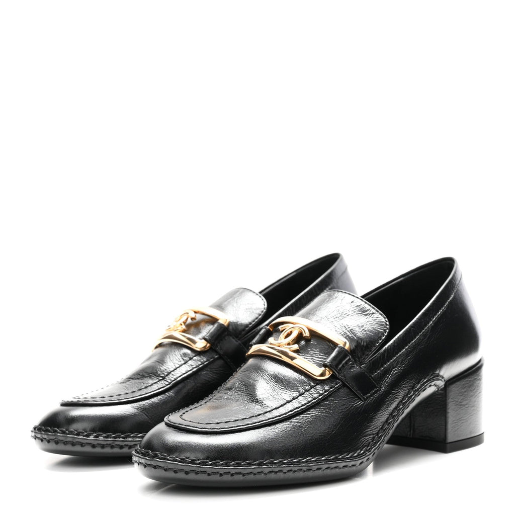 Shiny Calfskin Metal CC Loafers 37 Black