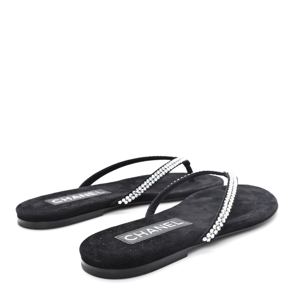 Suede Kidskin Strass CC Thong Sandals 36 Black
