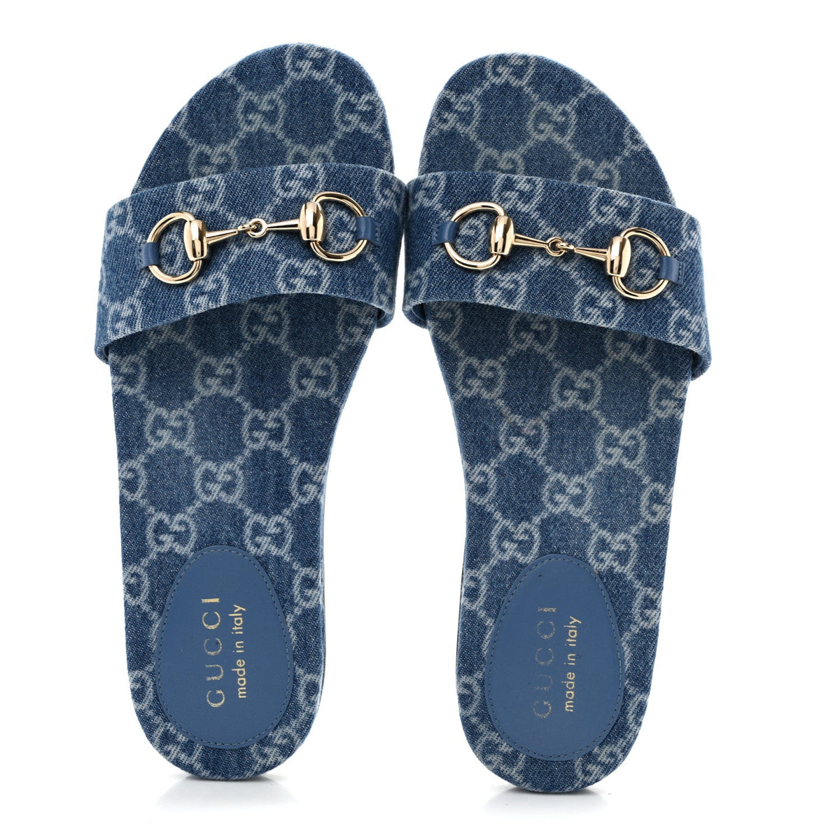 New Denim GG Monogram Horsebit Flat Slide Sandals 36 Blue