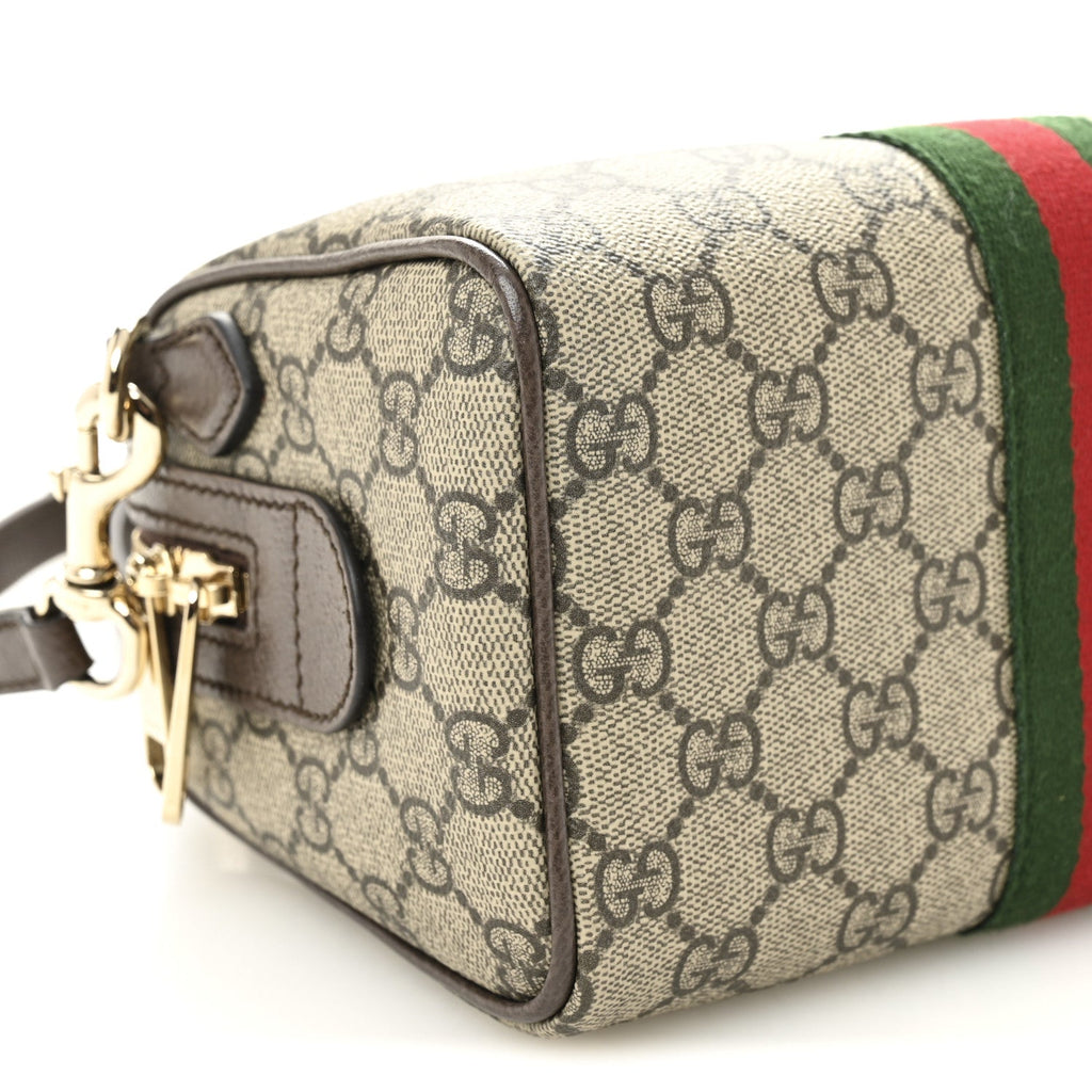 GG Supreme Monogram Textured Dollar Calfskin Web Mini Ophidia Top Handle Bag Beige Ebony New Acero
