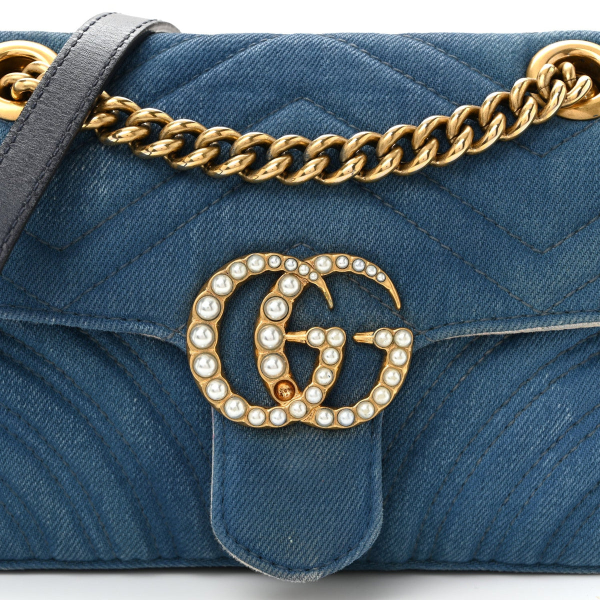 Denim Matelasse Mini Pearly GG Marmont Shoulder Bag Blue