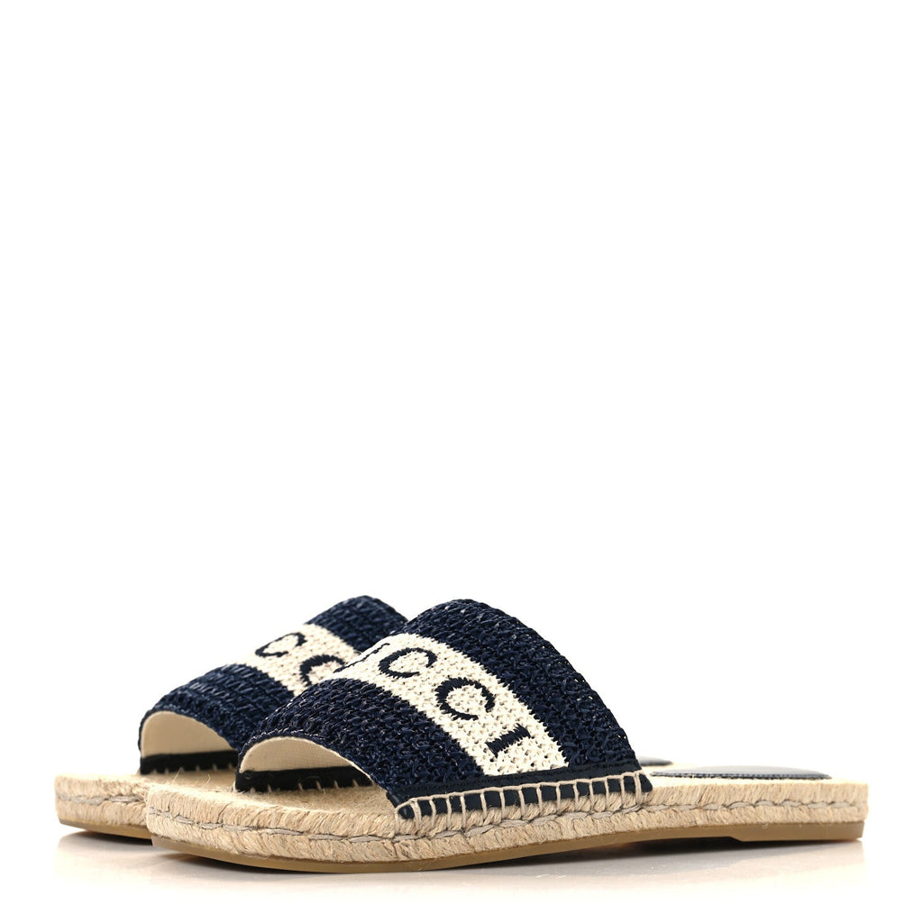 Macrochet Raffia Logo Flat Slide Espadrille Sandals 37.5 Blue Great White