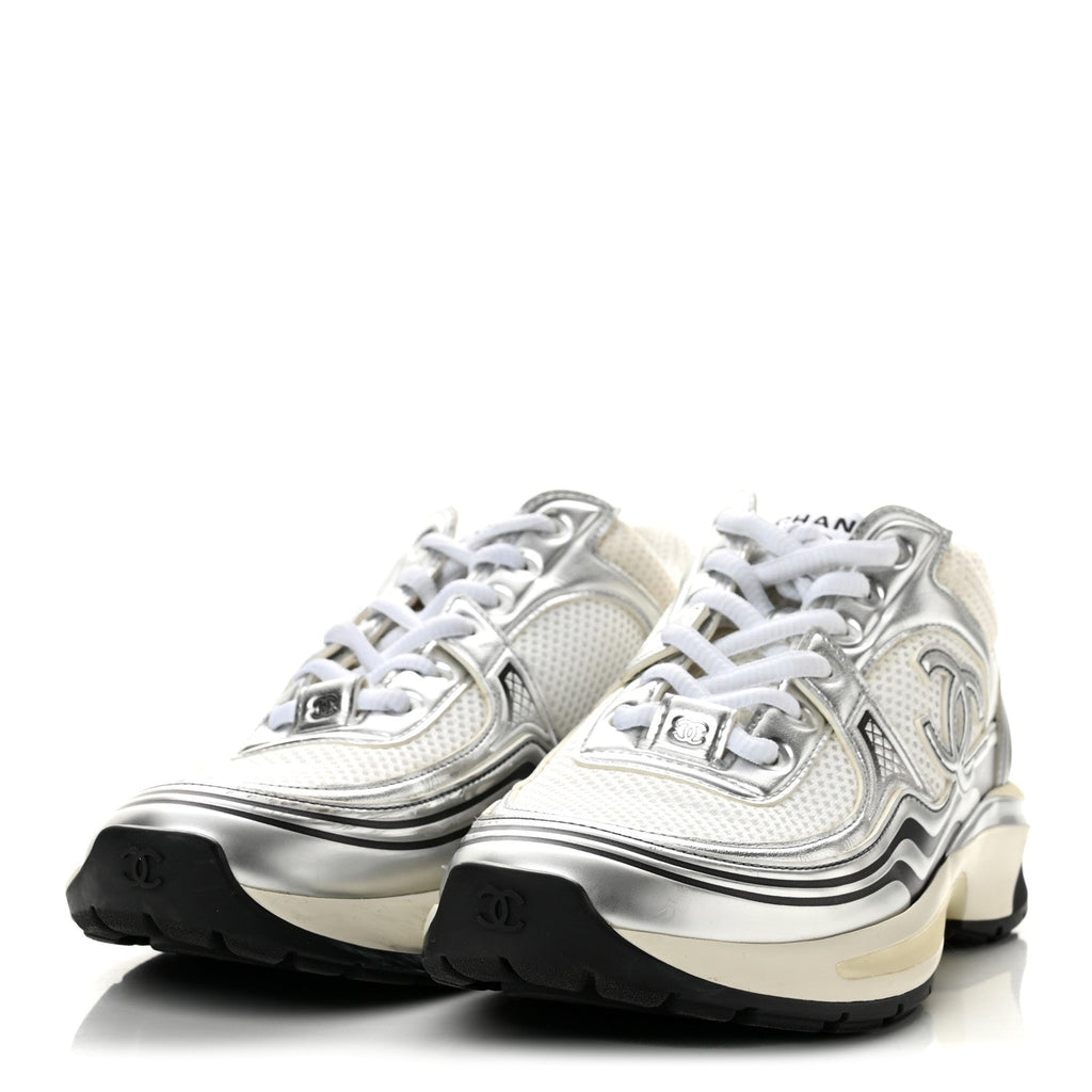 Fabric Laminated Calfskin Stretch CC Sneakers 37.5 White Silver