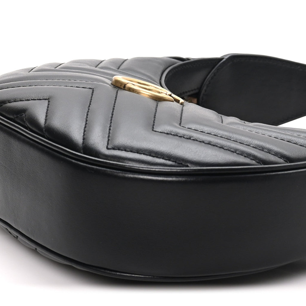 Calfskin Matelasse Chevron Mini GG Marmont Half Moon Hobo Black