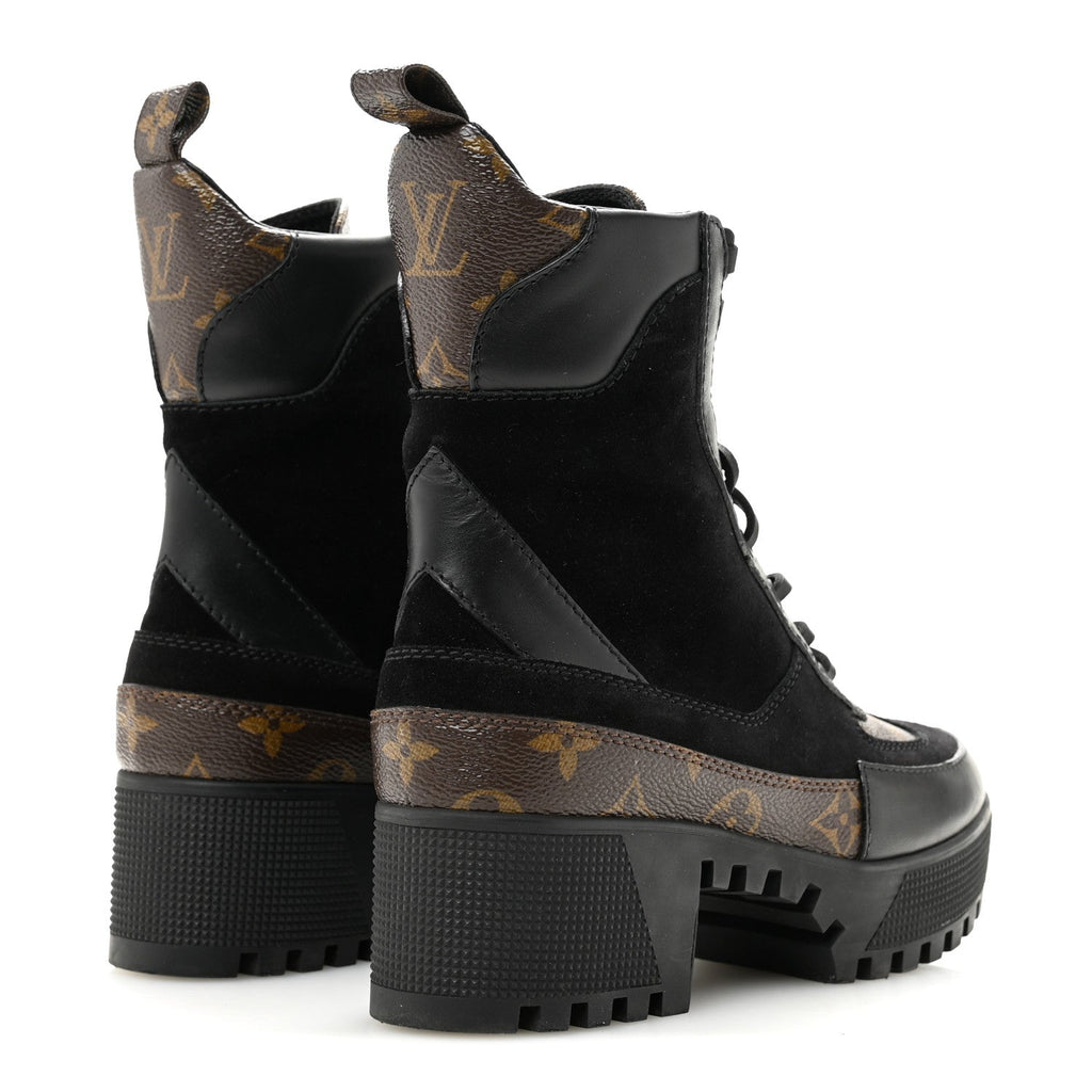 Suede Calfskin Monogram Laureate Platform Desert Boots 34.5 Black