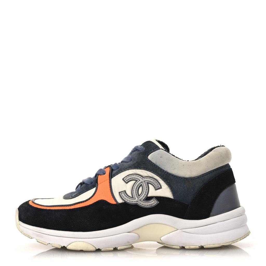 Nylon Calfskin Suede CC Womens Sneakers 35.5 Navy White Orange Black