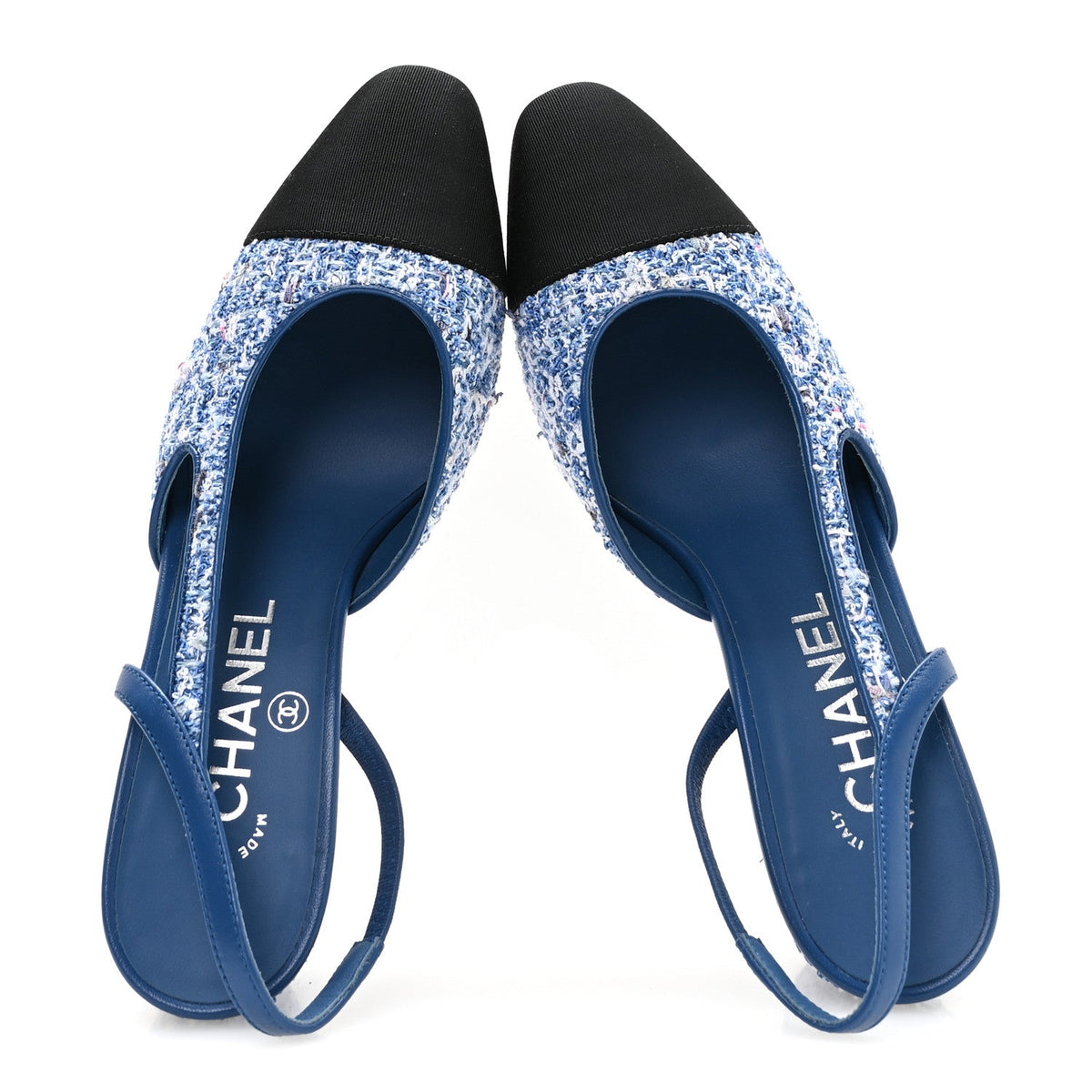 Tweed Grosgrain Cap Toe CC Slingback Pumps 36 Blue White Black