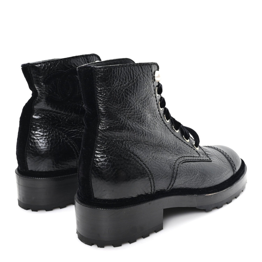 Shiny Calfskin Velvet Pearl Combat Short Boots 37.5 Black