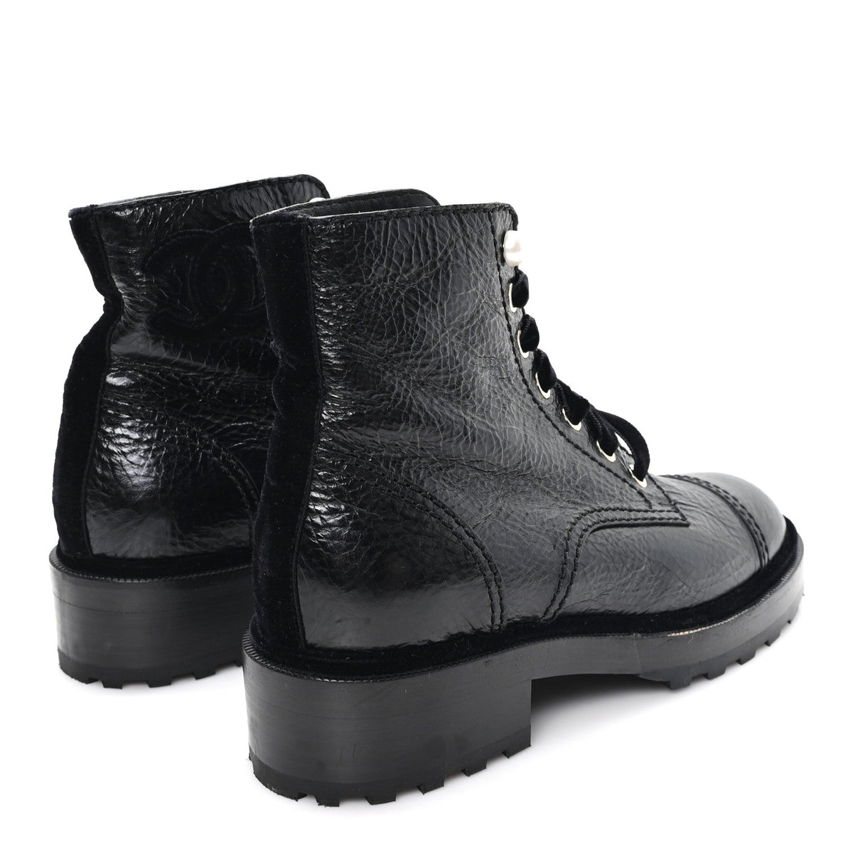 Shiny Calfskin Velvet Pearl Combat Short Boots 37.5 Black