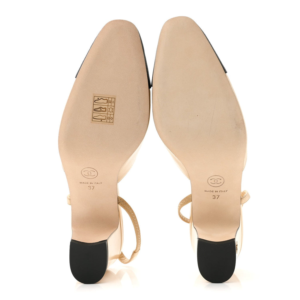 Goatskin Grosgrain Cap Toe CC Slingback Pumps 37 Beige Black