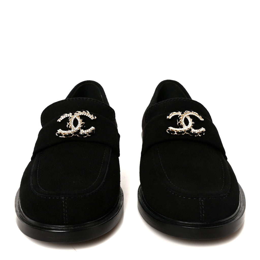 Suede Kidskin Crystal CC Loafers 38 Black