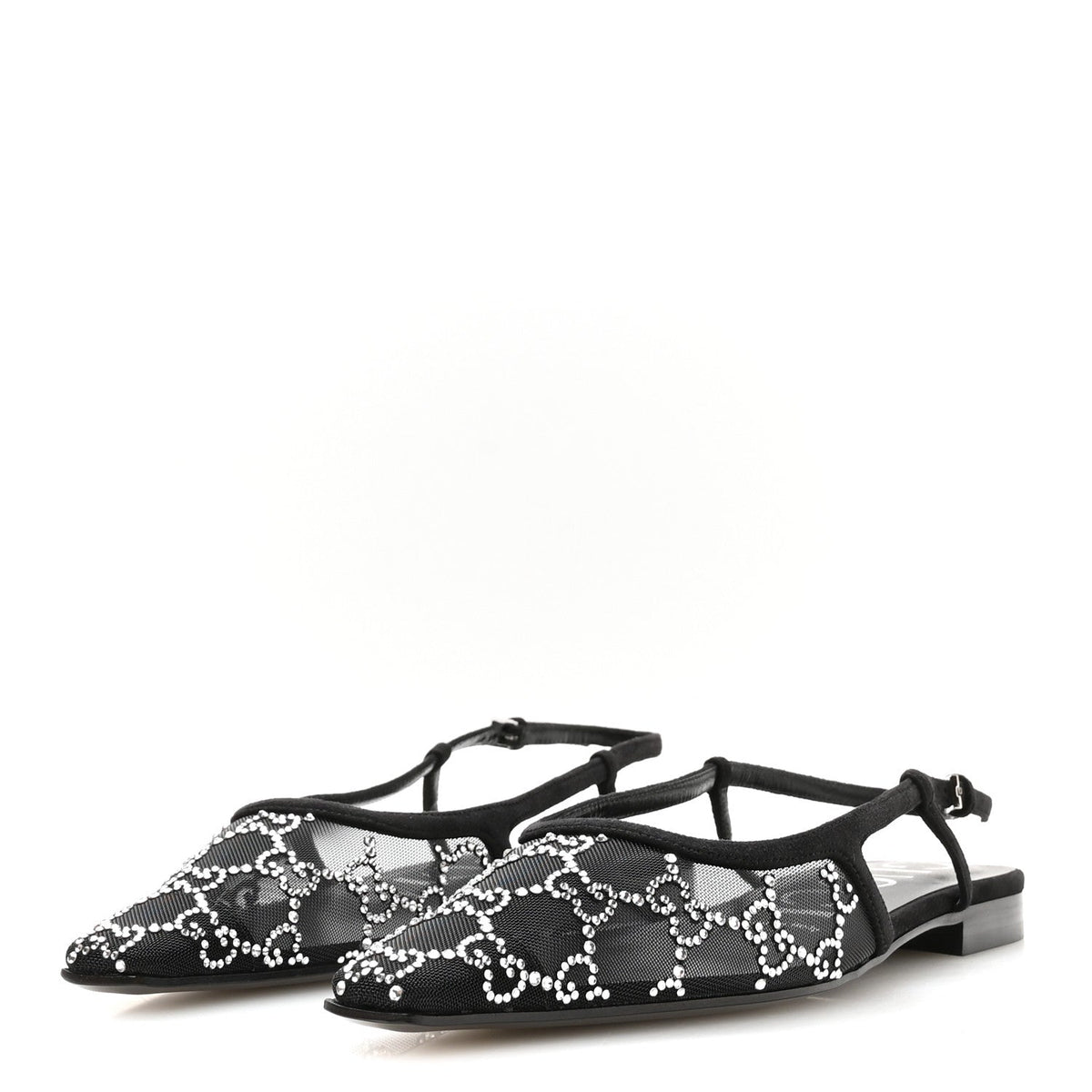 Tela Retino Kid Scamosciato Crystal GG Monogram Square G Slingback Flat 37 Black