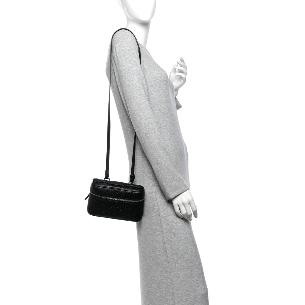 GG Calfskin Embossed Emblem Super MIni Crossbody Bag Black