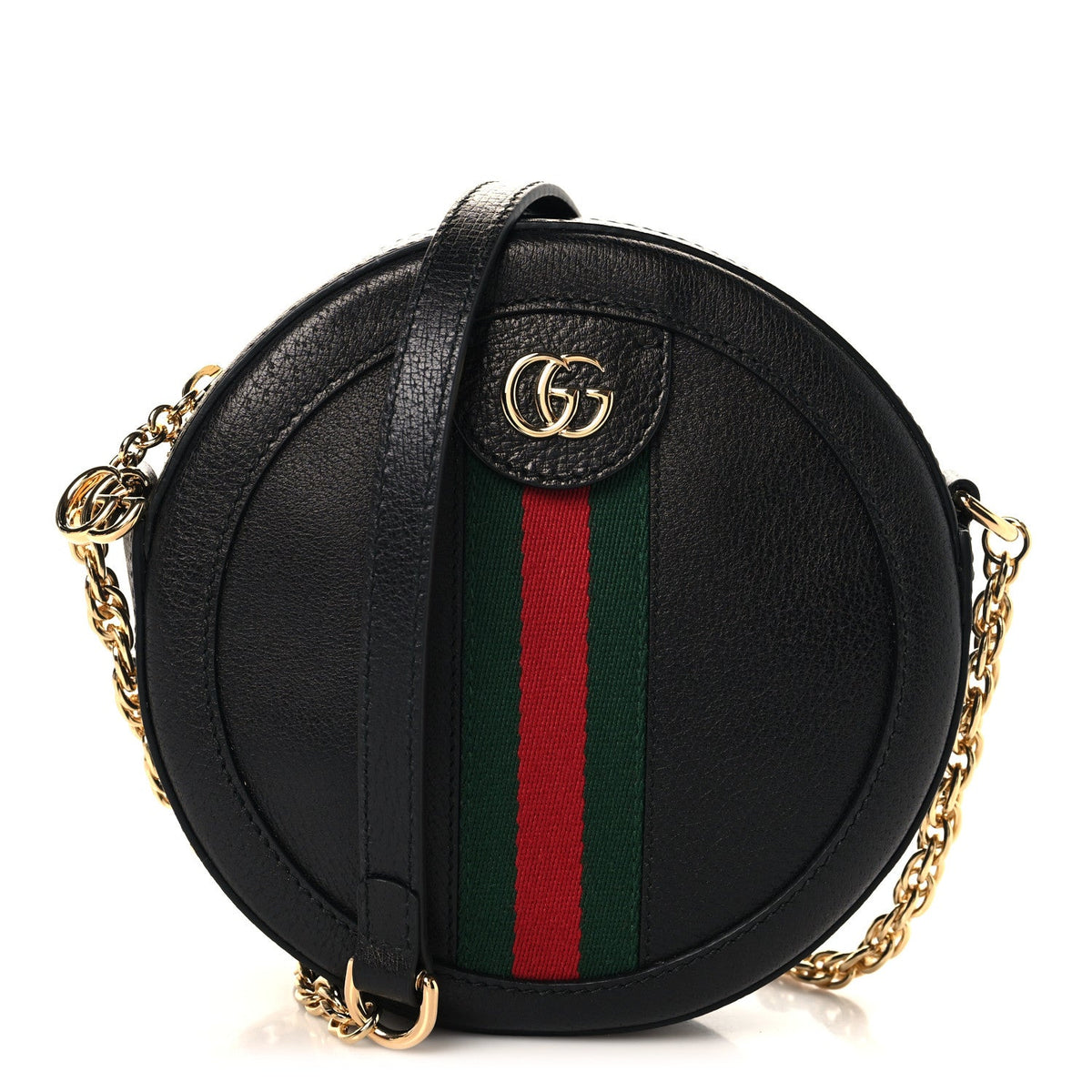 Grained Calfskin Web Mini Ophidia Round Shoulder Bag Black