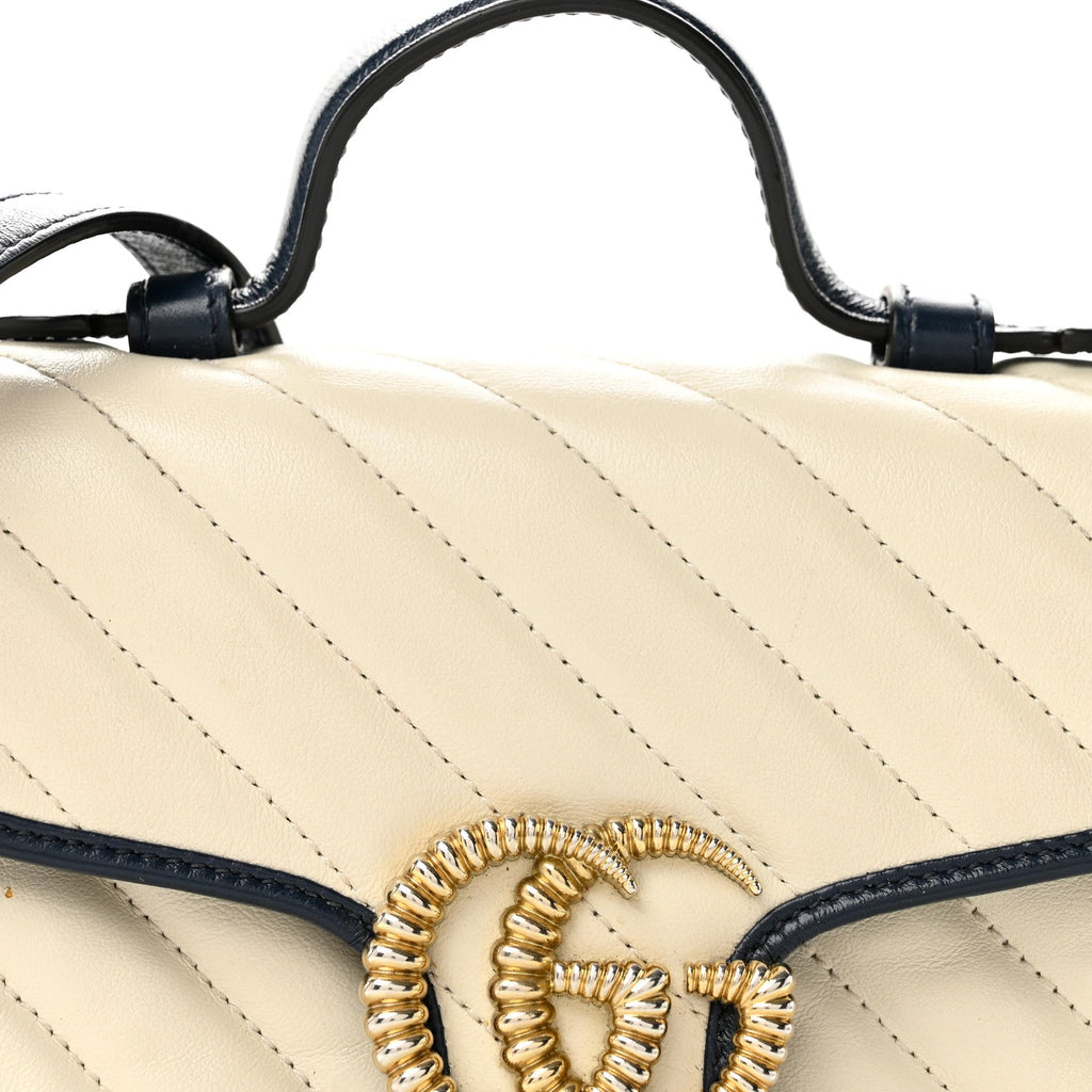 Vintage Effect Calfskin Matelasse Diagonal Mini Torchon GG Marmont Top Handle Shoulder Bag Mystic White Blue Agata