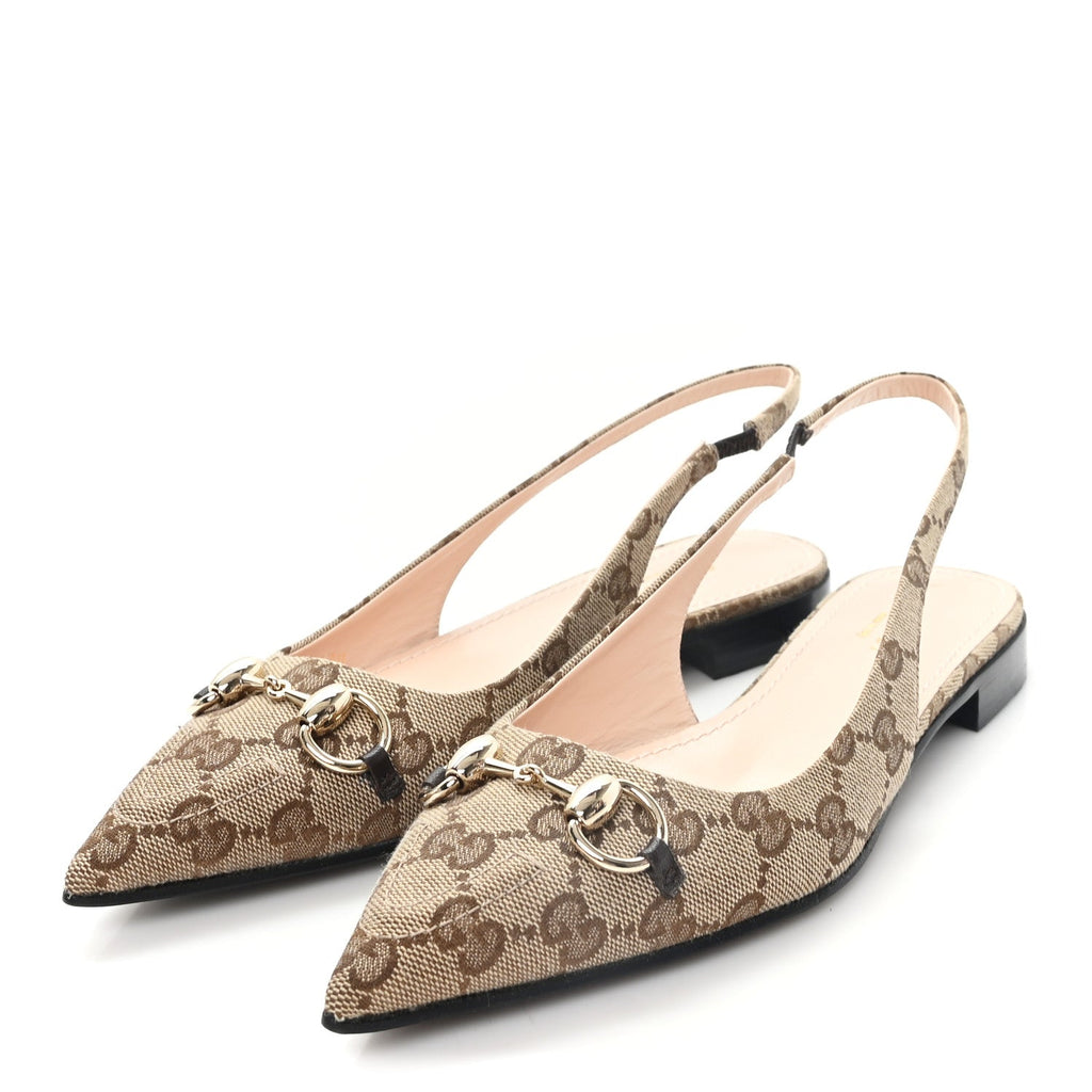 Monogram Horsebit Womens Slingback Ballet Flat 36.5 Beige Ebony Cocoa