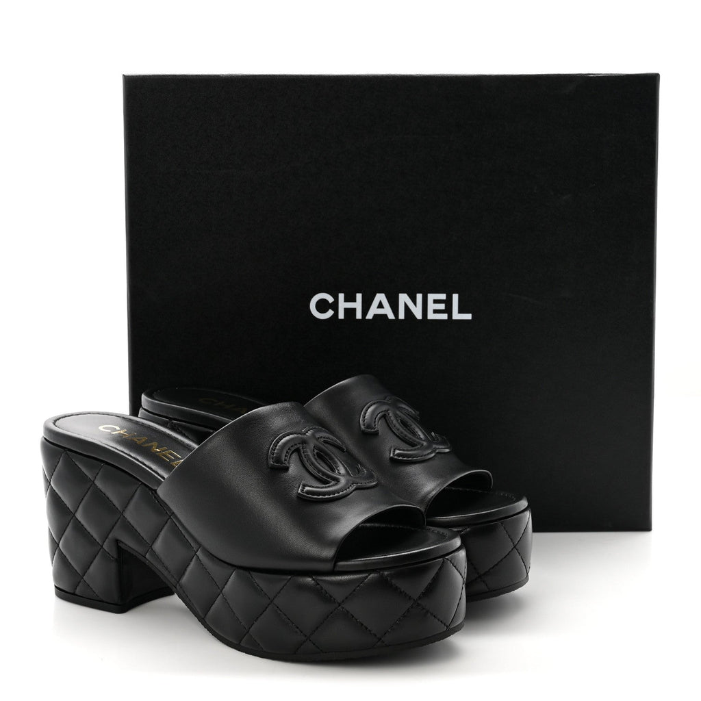Lambskin Quilted CC Platform Mules 40 Black