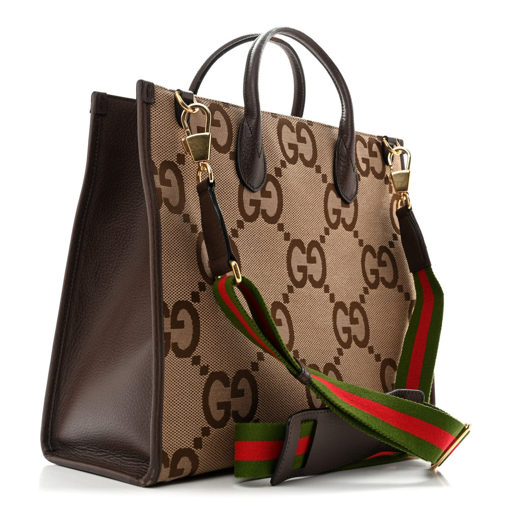 Monogram Jumbo GG Textured Dollar Calfskin Web Tote Bag Camel Ebony New Acero