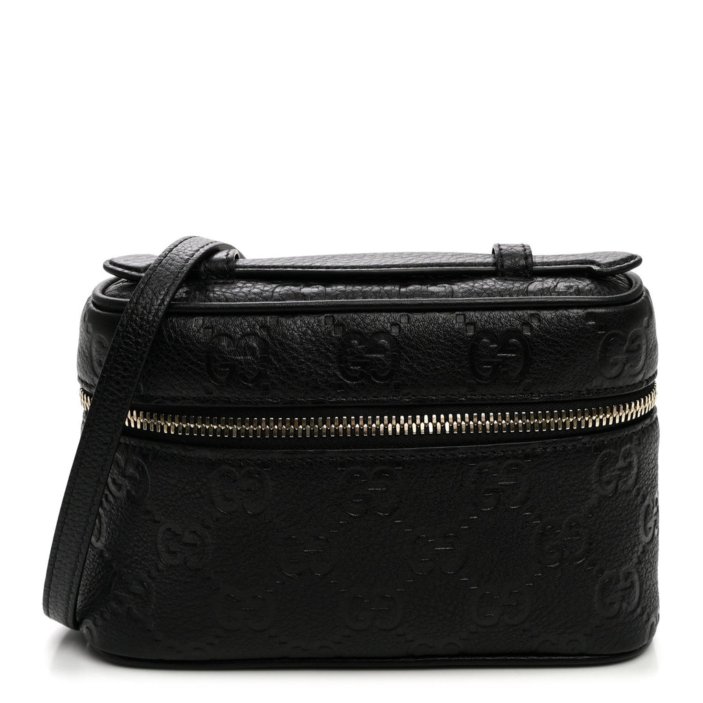 GG Calfskin Embossed Emblem Super MIni Crossbody Bag Black