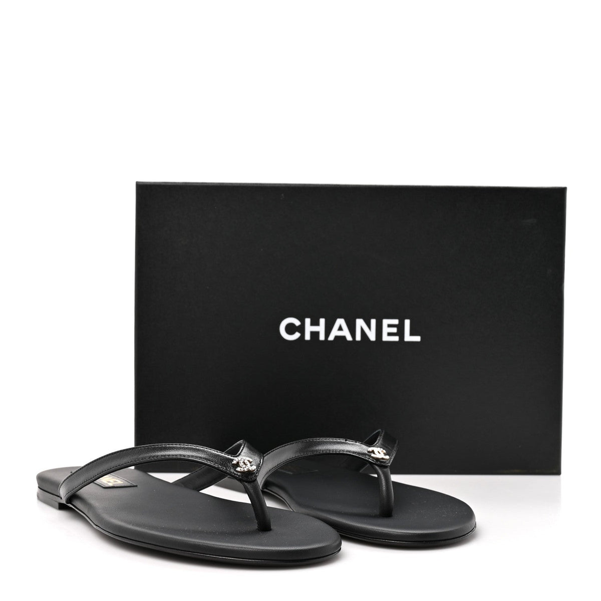 Shiny Lambskin Crystal CC Thong Sandals 39.5 Black
