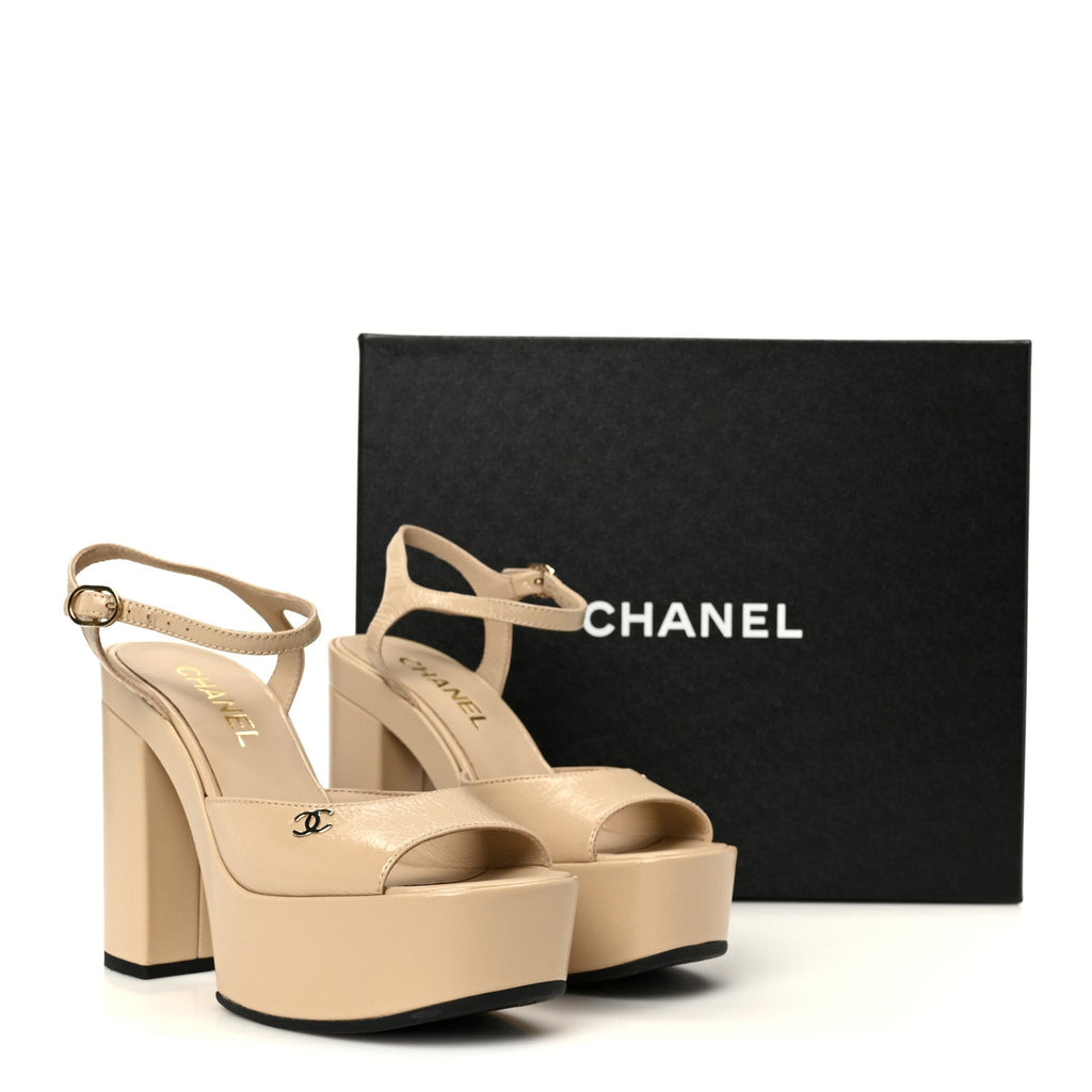 Calfskin CC Platform Sandals 36.5 Beige