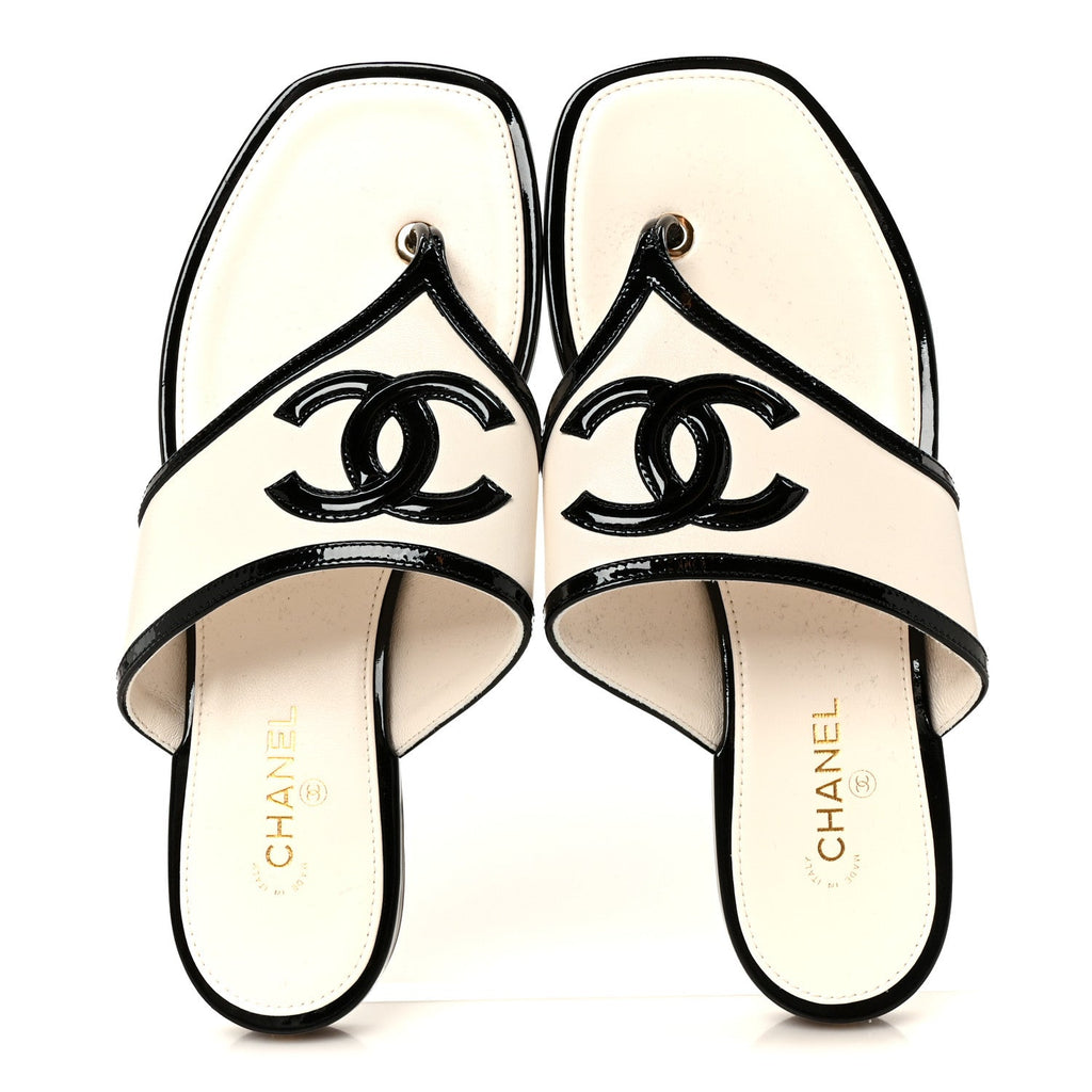 Lambskin Patent Calfskin CC Thong Sandals 37 White Black