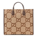 Monogram Jumbo GG Textured Dollar Calfskin Web Tote Bag Camel Ebony New Acero