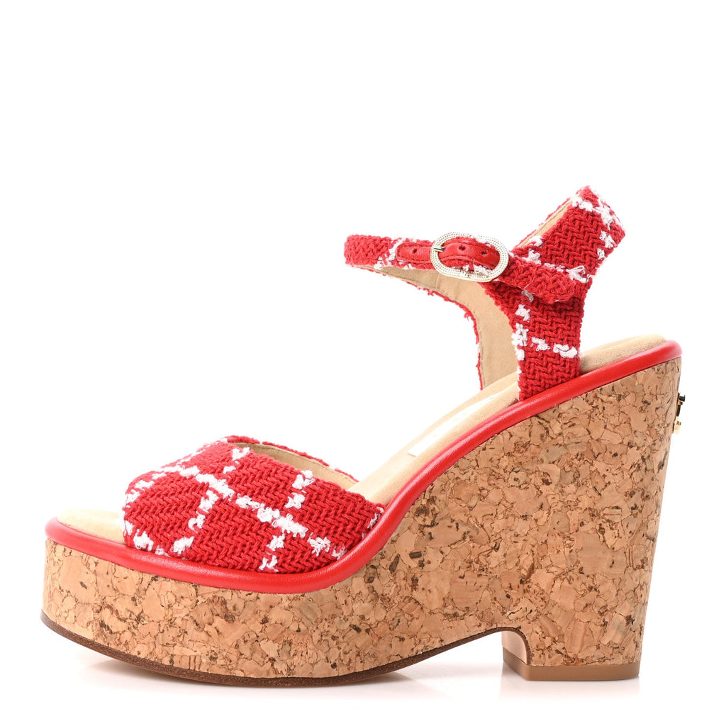 Cotton Tweed Cork CC Wedge Sandals 37 Red White