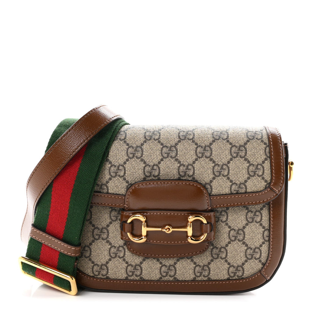 GG Supreme Monogram Web Mini Horsebit 1955 Shoulder Bag Beige Brown Sugar