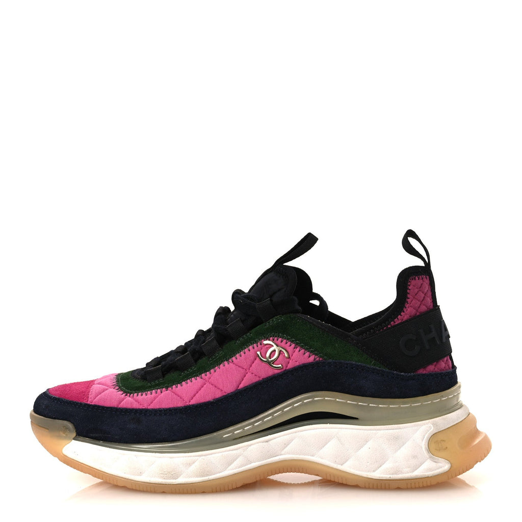 Velvet Calfskin Mixed Fibers CC Sneakers 38 Dark Pink Green
