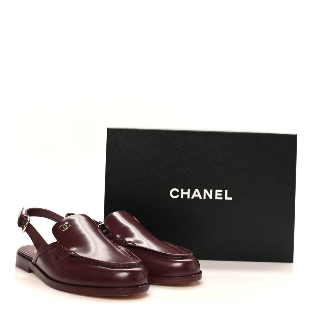 Shiny Calfskin Slingback Loafers 38 Burgundy