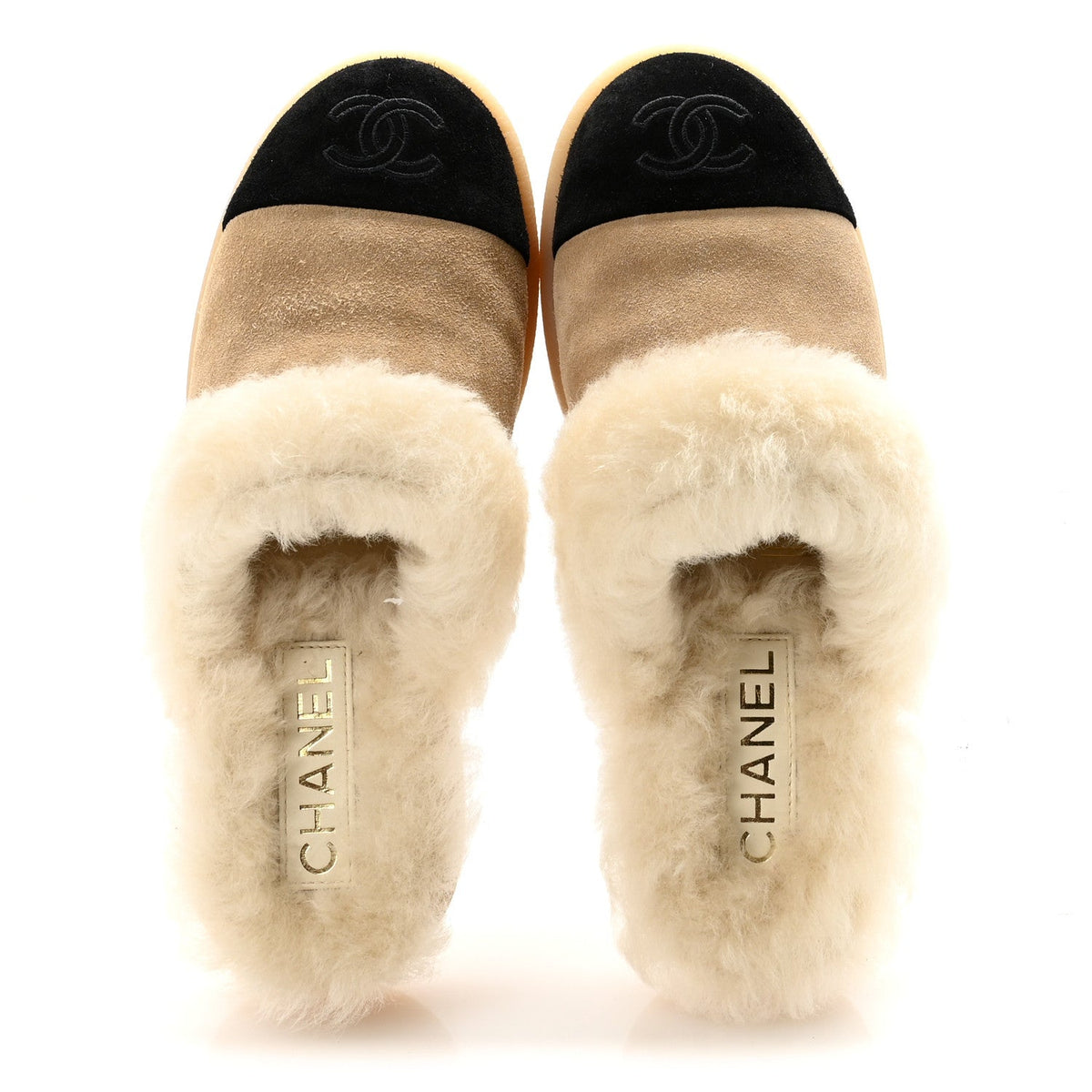 Suede Shearling CC Cap Toe Mules 36 Beige Black
