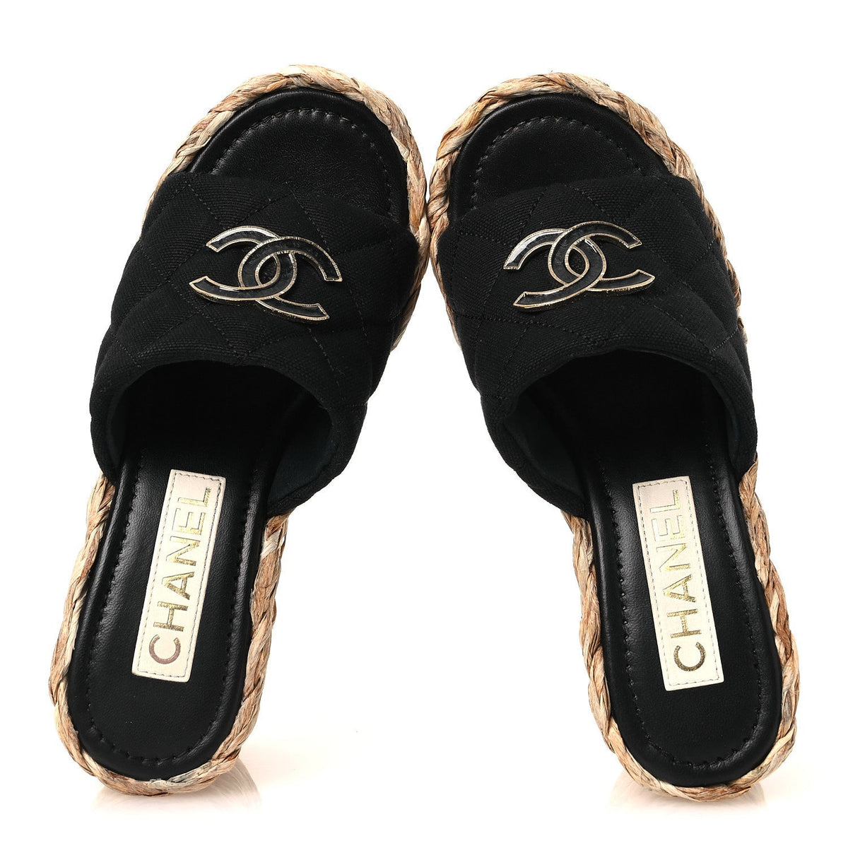 Canvas Raffia Wedge Sandals 35 Black