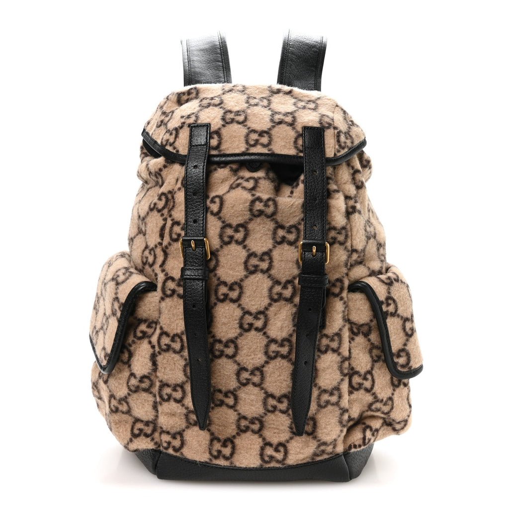 Covered Wool GG Monogram Small Double Buckle Backpack Beige Ebony Black