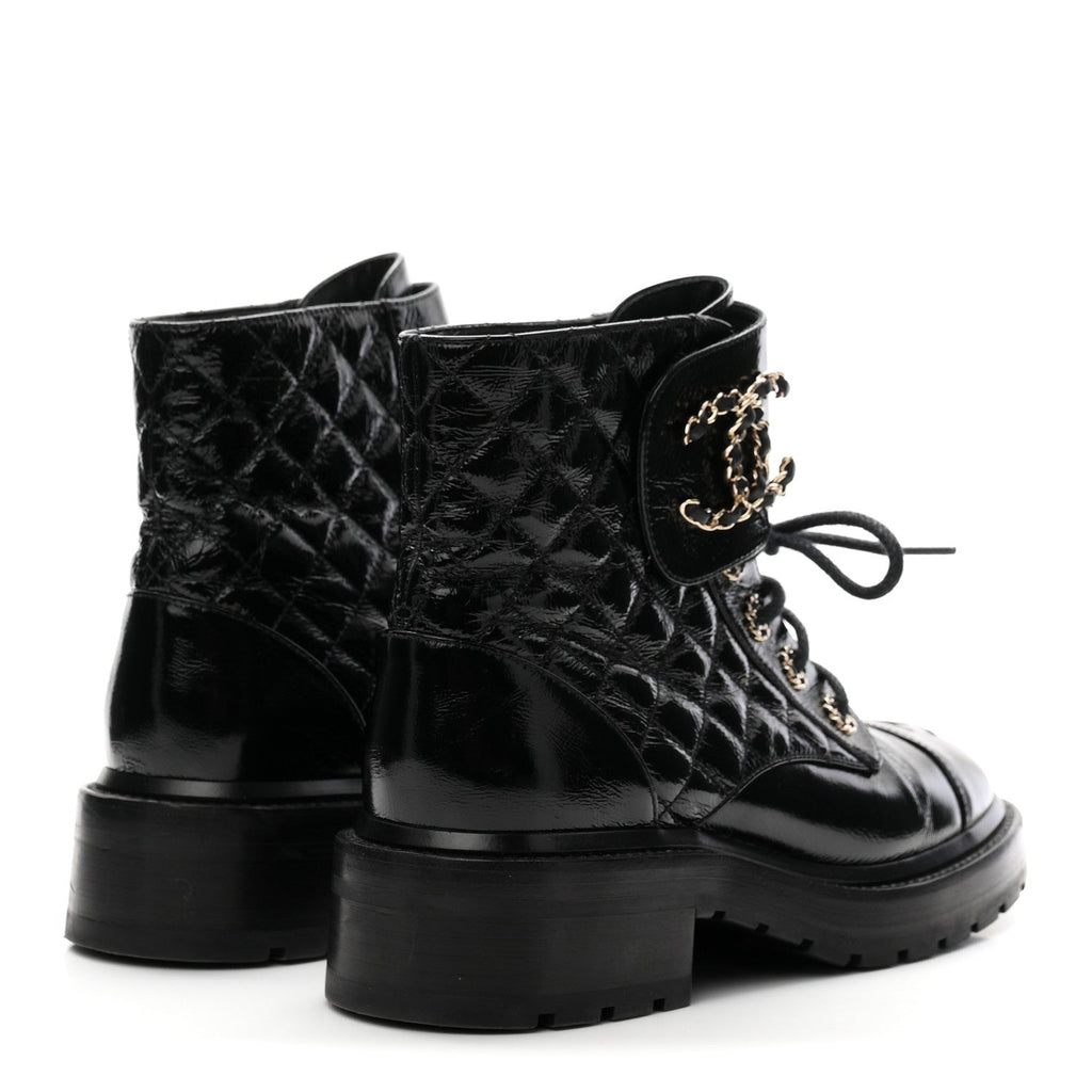 Shiny Lambskin Quilted Lace Up Combat Boots 38 Black