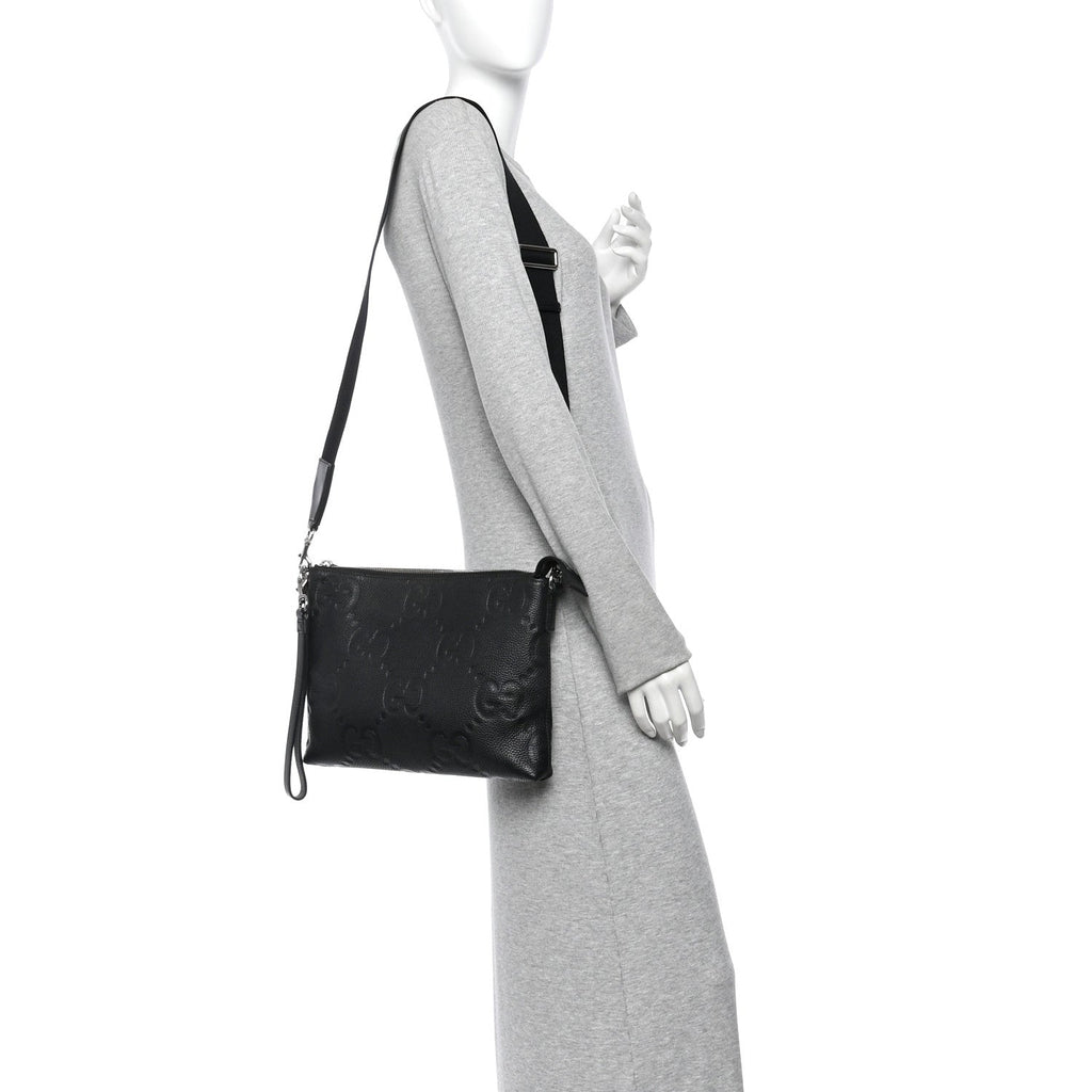 Piuma Calfskin Jumbo GG Embossed Medium Wristlet Messenger Bag Black