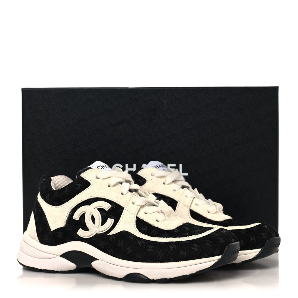 Suede Calfskin Printed CC Sneakers 36 White Black