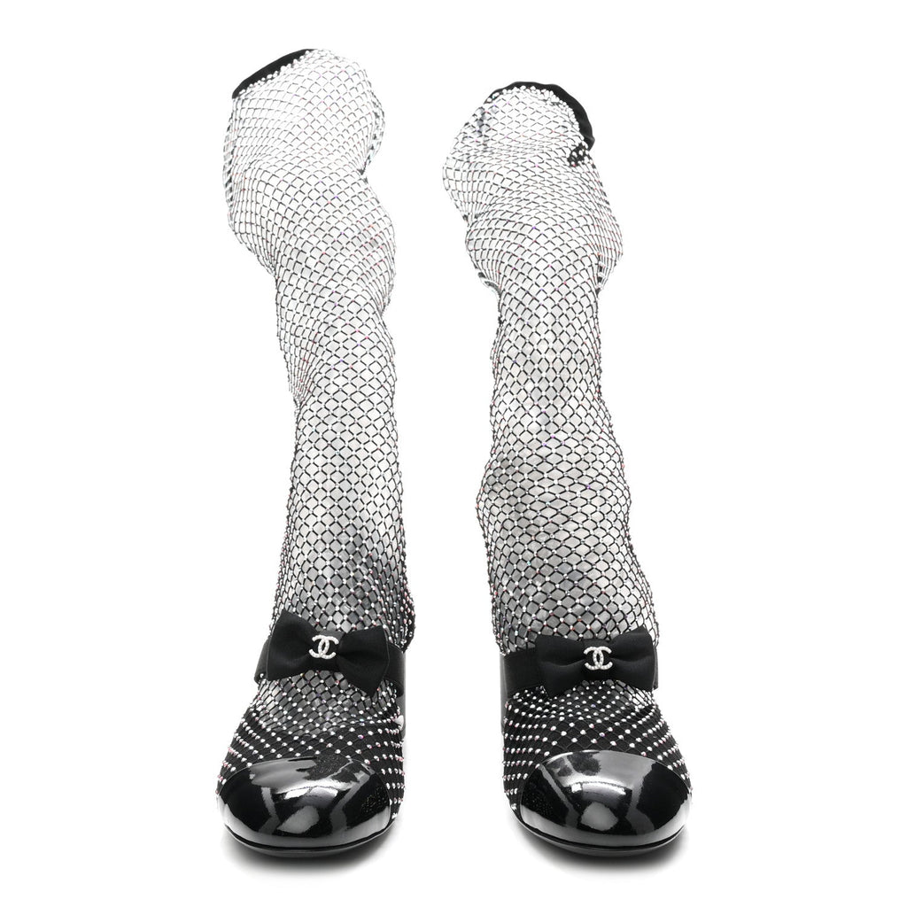 Mesh Crystal Patent CC Bow High Boots 40 Black