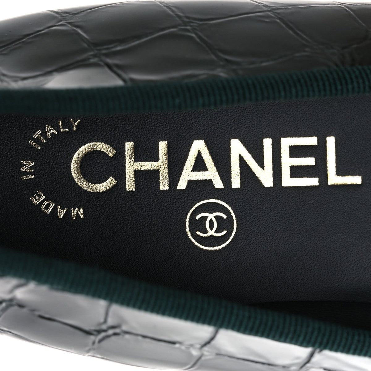 Crocodile Embossed Patent Calfskin Cap Toe CC Ballerina Flats 37.5 Dark Green Black