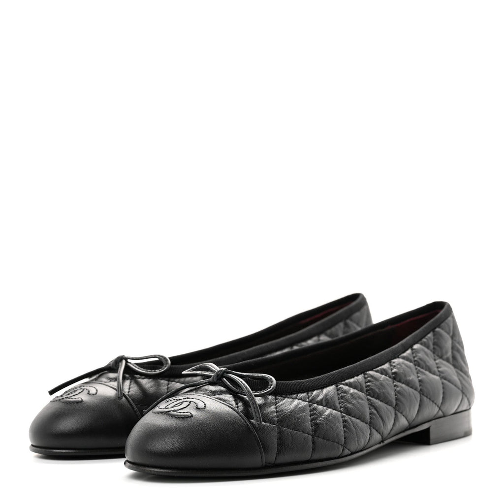 Aged Calfskin Quilted CC Cap Toe Ballerina Flats 38.5 Black