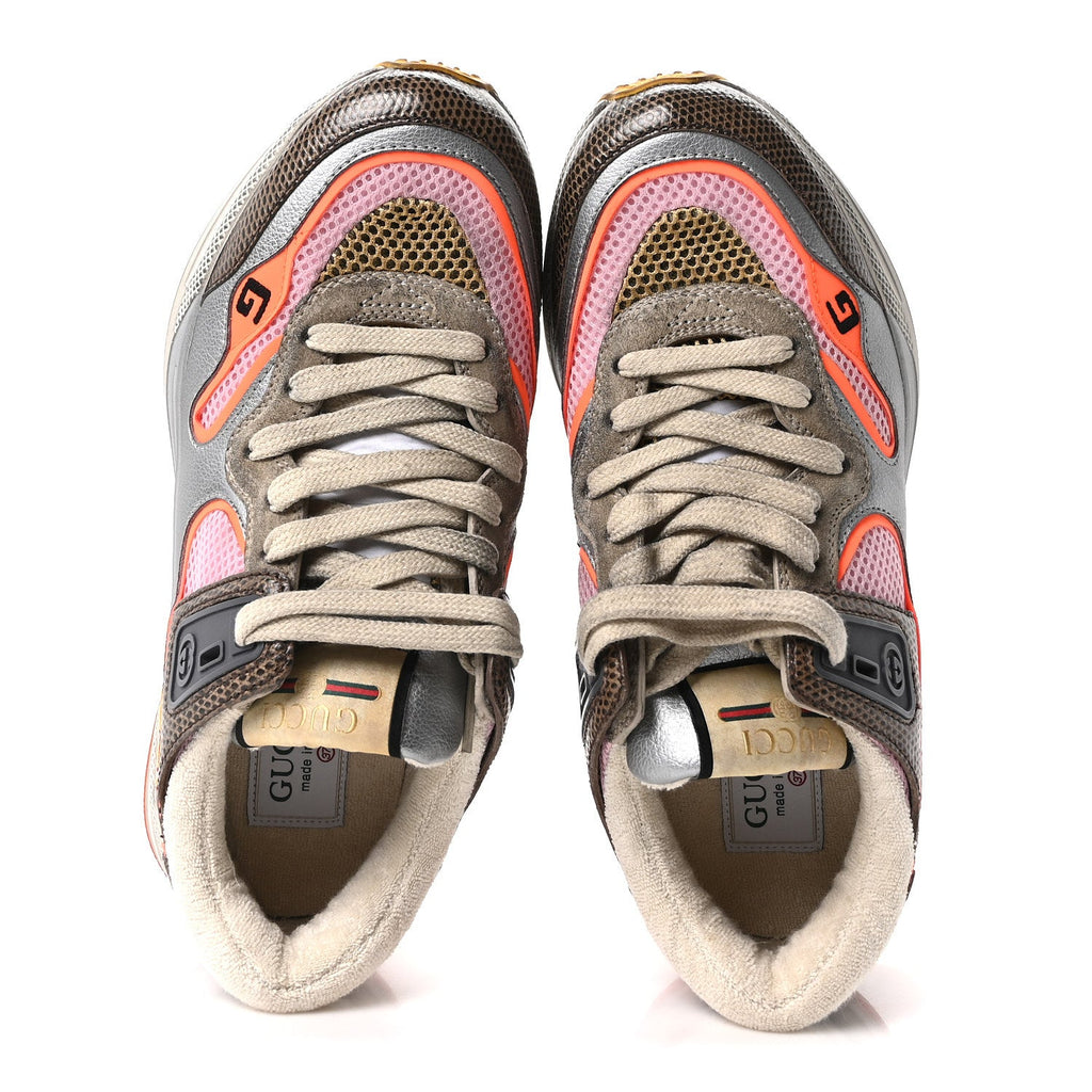 Calfskin Suede Mesh Lizard Embossed Womens Ultrapace Sneakers 37 Silver Anthracite Neon Orange