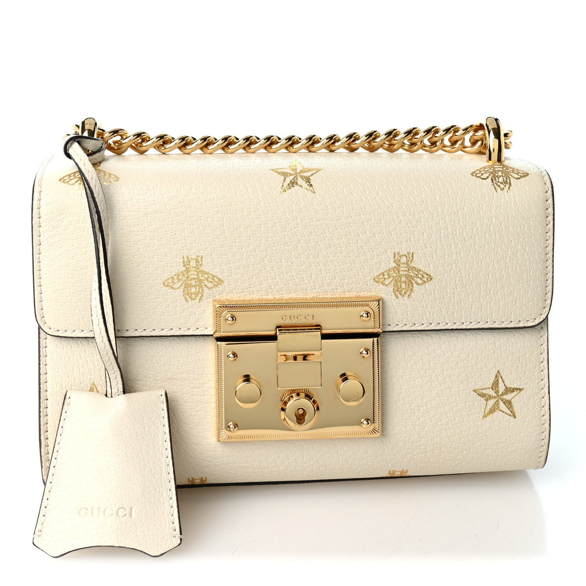 Grained Calfskin Bee Star Small Padlock Shoulder Bag White