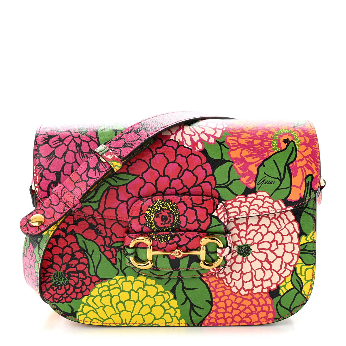 X KEN SCOTT New Shangai Calfskin Pomponica Print Horsebit 1955 Shoulder Bag  Multicolor Fuxia Pompon