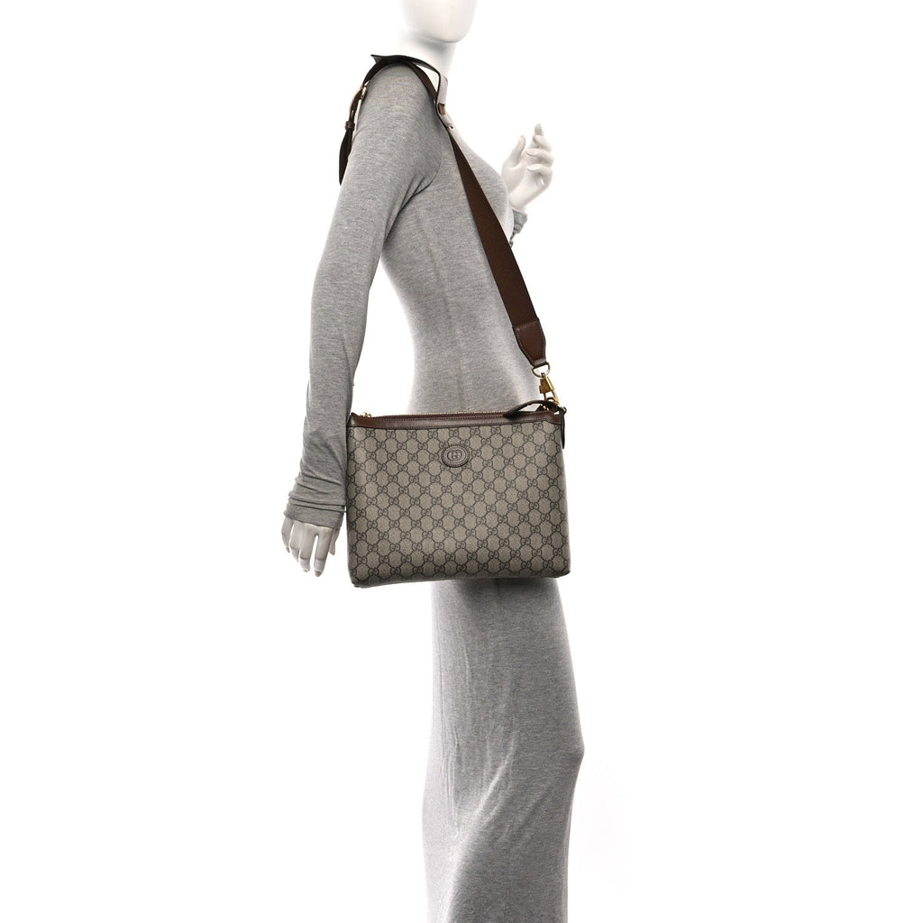 GG Supreme Monogram Azalea Calfskin Retro Interlocking G Wristlet Messenger Bag Beige Ebony Brown Sugar